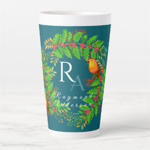 Taza De Café Latte Monograma de corona de Navidad azul océano
