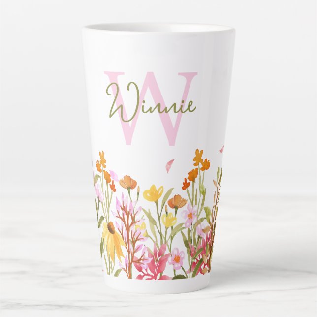 Taza De Café Latte Monograma de flor silvestre Tall Latte Mug (Anverso)