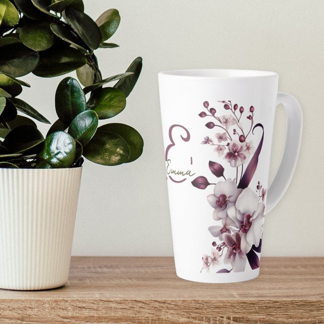Taza De Café Latte Monograma de Flores de Orquídea Blanca Delicada (Subido por el creador)