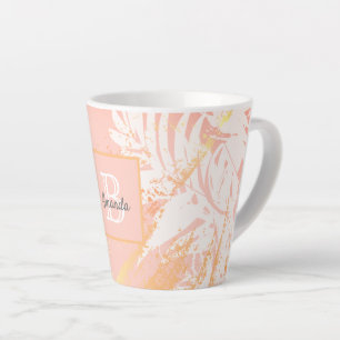 Taza De Café Latte Monograma de hojas de palmera de oro Rosa