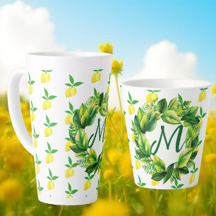 Taza De Café Latte Monograma de limones amarillos 