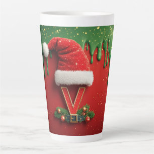 Taza De Café Latte Monograma de Navidad Letra V Santa de Vacaciones