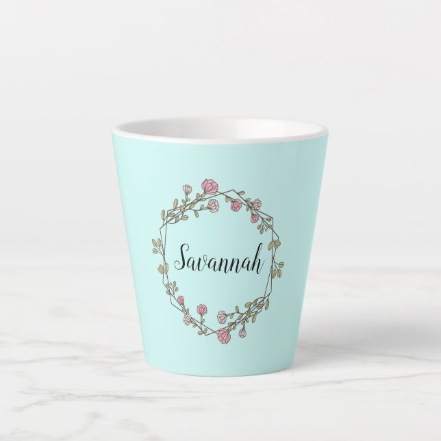 Taza De Café Latte Monograma De Nombre De Guión personalizado En Flor (Anverso)