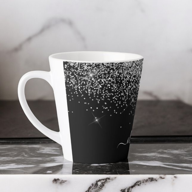 Taza De Café Latte Monograma de nombre femenino con brillo plateado y (Subido por el creador)