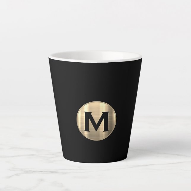 Taza De Café Latte Monograma de oro metálico negro (Anverso)