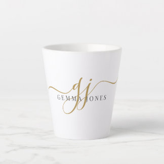 Taza De Café Latte Monograma de oro negro moderno Nombre de guión ini
