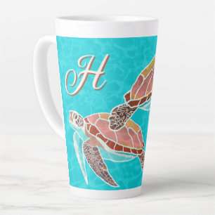 Taza De Café Latte Monograma de tortugas marinas ilustrado