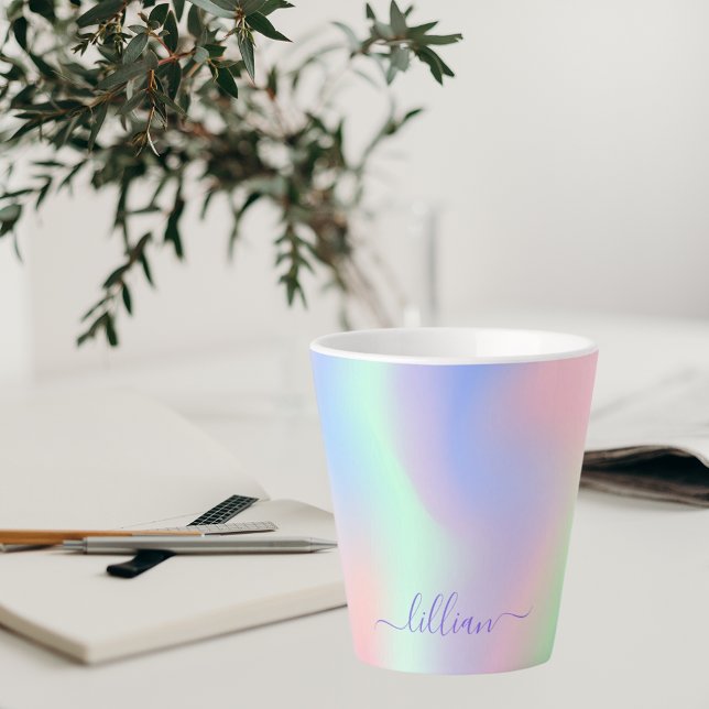 Taza De Café Latte Monograma del arco iris verde azul holográfico (Subido por el creador)