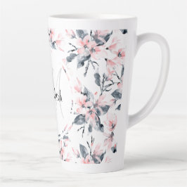 Taza De Café Latte Monograma del patrón acuático floral rosa y gris