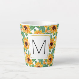 Taza De Café Latte Monograma del patrón amarillo y verde de los giras