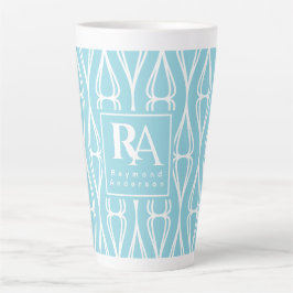 Taza De Café Latte Monograma del patrón blanco azul moderno