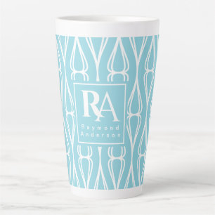 Taza De Café Latte Monograma del patrón blanco azul moderno