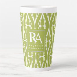 Taza De Café Latte Monograma del patrón blanco verde moderno