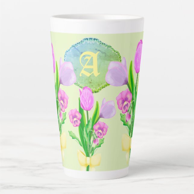 Taza De Café Latte Monograma del Personalizado de las flores de prima (Anverso)