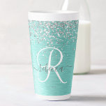 Taza De Café Latte Monograma del Purpurina plateado Metalizado cepill<br><div class="desc">Personaliza fácilmente este diseño de pulsera de moda a la moda con purpurina brillante de bonito plateado sobre un verde azulado fondo metálico cepillado.</div>