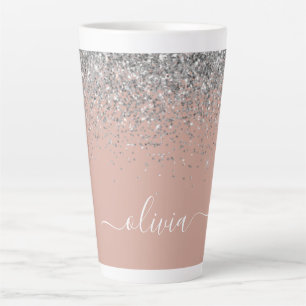 Taza De Café Latte Monograma del Purpurina Rubor rosado plateado Rosa