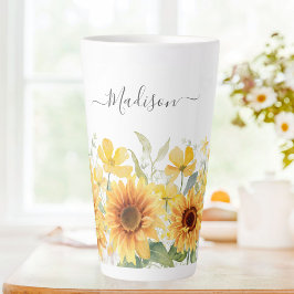 Taza De Café Latte Monograma Flor Amarilla Flor de girasol Floral Bot