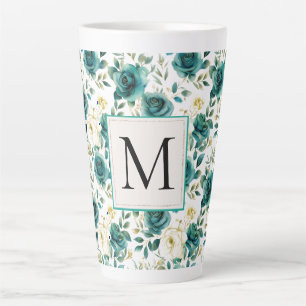 Taza De Café Latte Monograma floral romántico de crema verde verde Ro