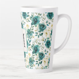 Taza De Café Latte Monograma floral romántico de crema verde verde Ro