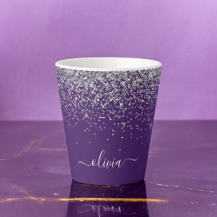 Taza De Café Latte Monograma Glam Glitter Plateado Púrpura para Chica