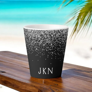 Taza De Café Latte Monograma Glitter Negro Plateado Iniciales Nombre 