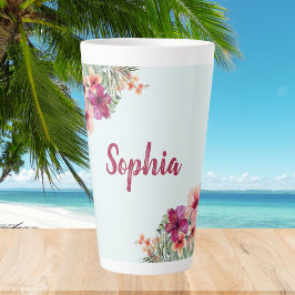 Taza De Café Latte Monograma Hibiscus Pink Flores Tropicales Florales