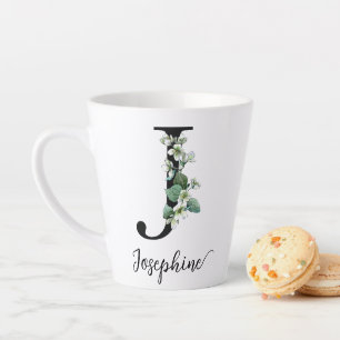 Taza De Café Latte Monograma J Nombre personalizado Flores de jazmín 