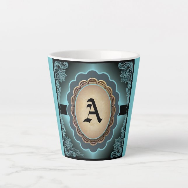 Taza De Café Latte Monograma latte de encaje turquesa antiguo (Anverso)