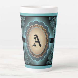 Taza De Café Latte Monograma latte de encaje turquesa antiguo