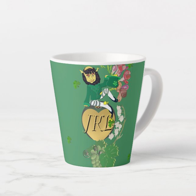 Taza De Café Latte Monograma Leprechaun Floral (Ángulo derecho)