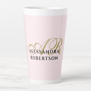 Taza De Café Latte Monograma Minimalista Rosa Pastel Dorado Negro Nom