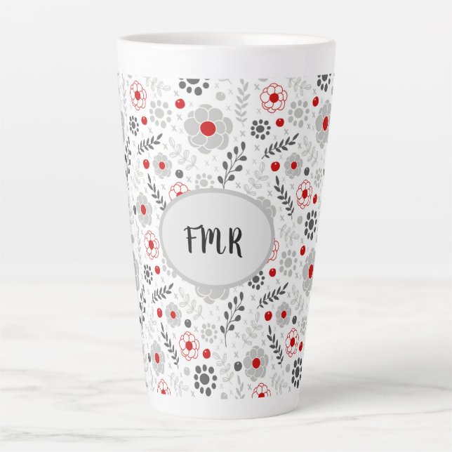 Taza De Café Latte Monograma moderno de floración roja gris (Anverso)