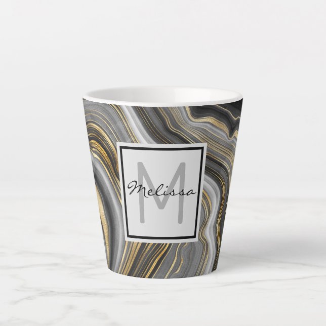 Taza De Café Latte Monograma moderno de oro y agio gris (Anverso)