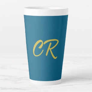 Taza De Café Latte Monograma moderno minimalista de color azul y dora