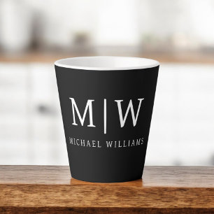 Taza De Café Latte Monograma moderno Minimalista negro y blanco