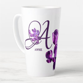 Taza De Café Latte Monograma morado floral Annie nombre personalizabl