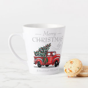 Taza De Café Latte Monograma navideño del camión de cosecha