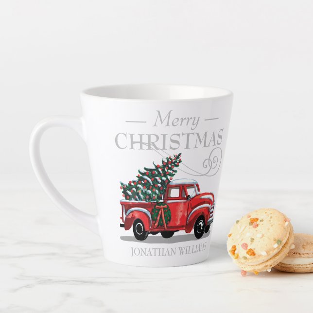 Taza De Café Latte Monograma navideño del camión de cosecha (In situ)