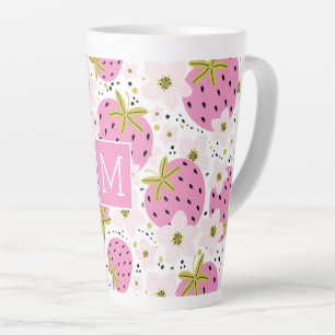 Taza De Café Latte Monograma Personalizado de fresas rosadas