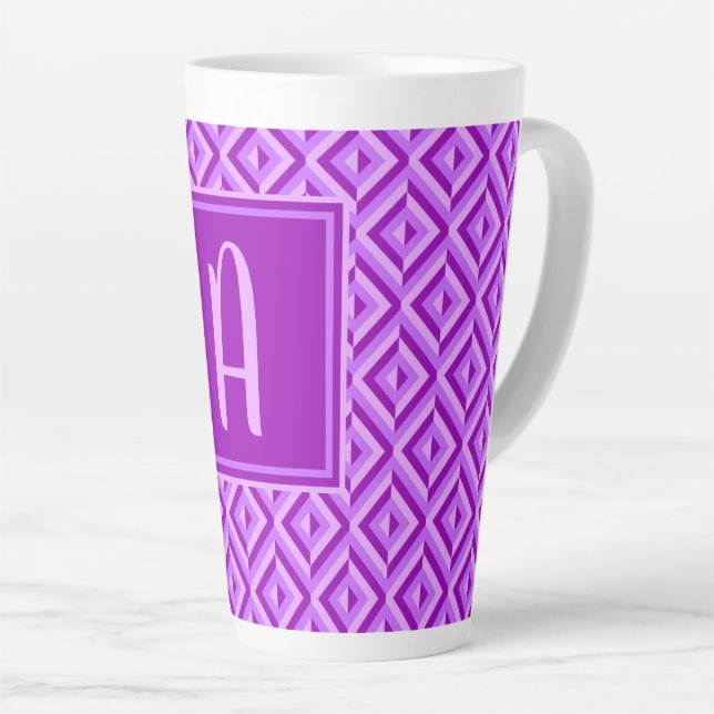 Taza De Café Latte Monograma Púrpura Trama de Diamantes de Tres Tonos (Ángulo derecho)