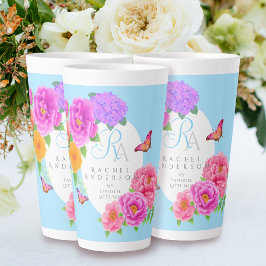 Taza De Café Latte Monograma romántico Peonies Garden Azul