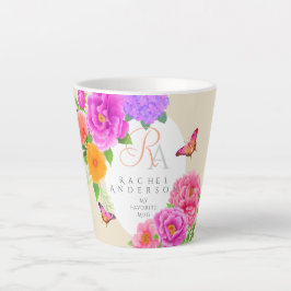 Taza De Café Latte Monograma romántico Peonies Garden Beige