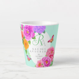 Taza De Café Latte Monograma romántico Peonies Garden Green