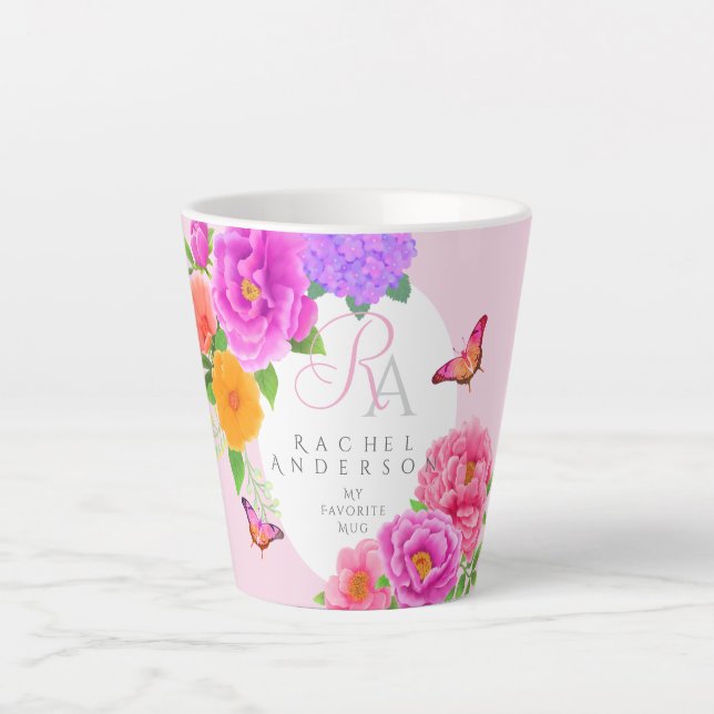 Taza De Café Latte Monograma romántico Peonies Garden Pink (Anverso)