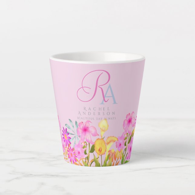 Taza De Café Latte Monograma rosa del jardín floral (Anverso)
