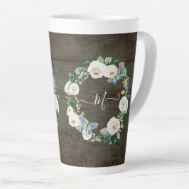 Taza De Café Latte Monograma Ruido Floral Mariposa Madera