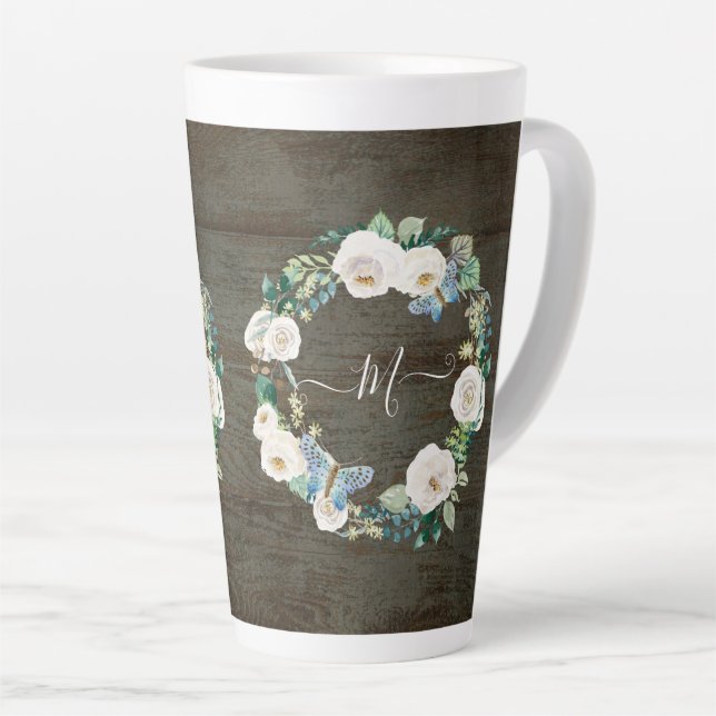 Taza De Café Latte Monograma Ruido Floral Mariposa Madera (Ángulo derecho)
