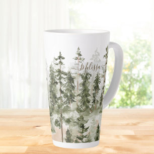 Taza De Café Latte Monograma Rústico Bosque Verde Acuarela