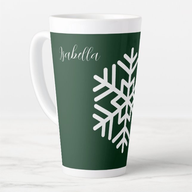 Taza De Café Latte Monograma y gran copo de nieve blanco en verde (Ángulo izquierdo)