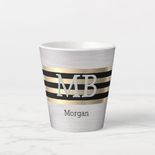 Taza De Café Latte Monograma y nombre de bricolaje, negro plateado ce